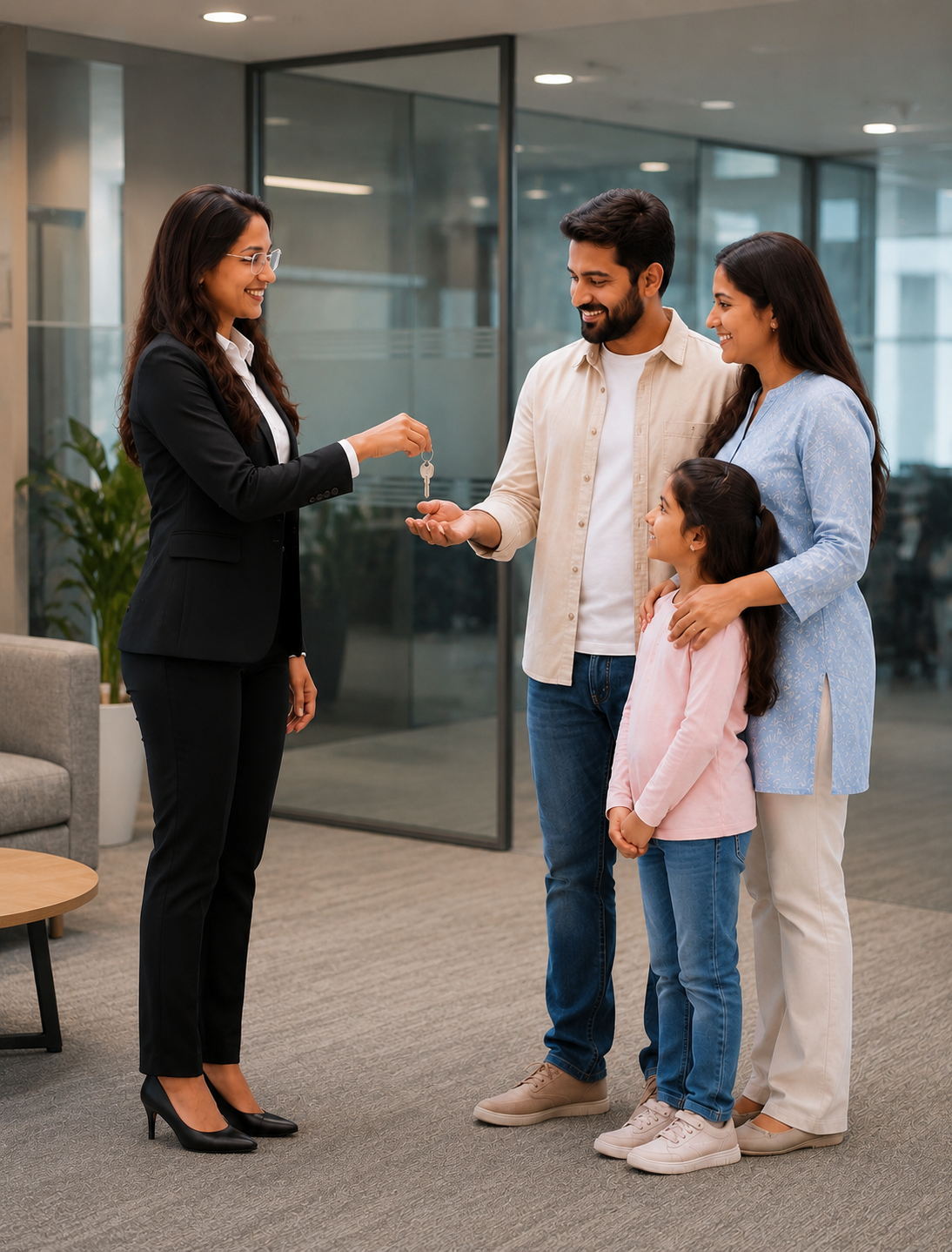 A family receiving keys to their new home