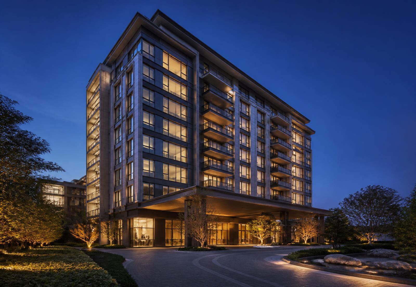 Illuminated luxury apartment tower at dusk