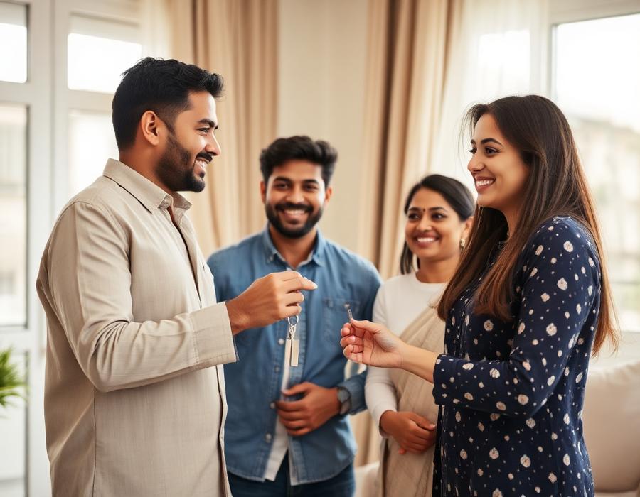 A family receiving keys to their new home